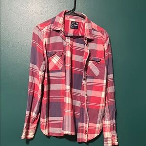 American Eagle Outfitters Red and Blue Casual Button Down Shirt
